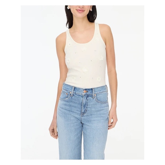 J CREW Ribbed Flower & Silver Bead Embellished Tank Top — Women’s MEDIUM — White - Picture 1 of 8
